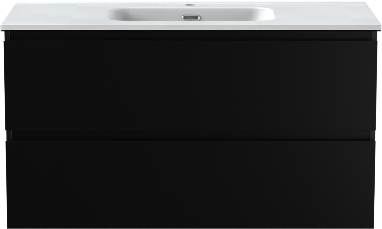 Linie Lado hängendes Möbelstück Set: 100 x 46 cm, Schwarz matt, mit Baro Einzelwaschtisch, Porzellan Weiß matt