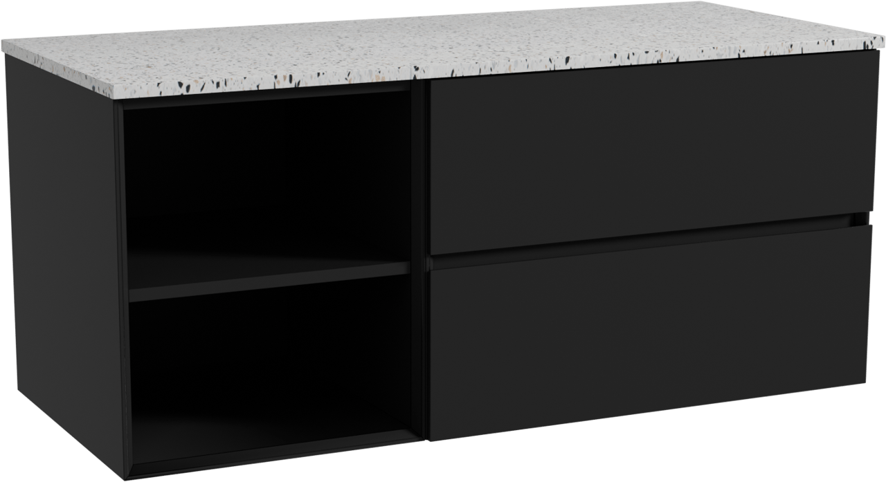 Storke Edge meuble salle de bains suspendu 120 x 52 cm noir mat avec Tavola tablette simple ou double en blanc/noir mat terrazzo