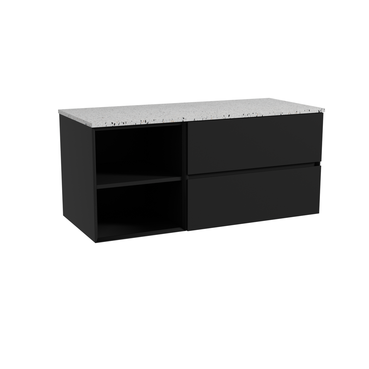 Storke Edge hängendes Möbelstück Set: 120 x 52 cm, Schwarz matt, mit Tavola Einzel- oder Doppel Waschtischplatte, Terrazzo in Weiß/Schwarz matt