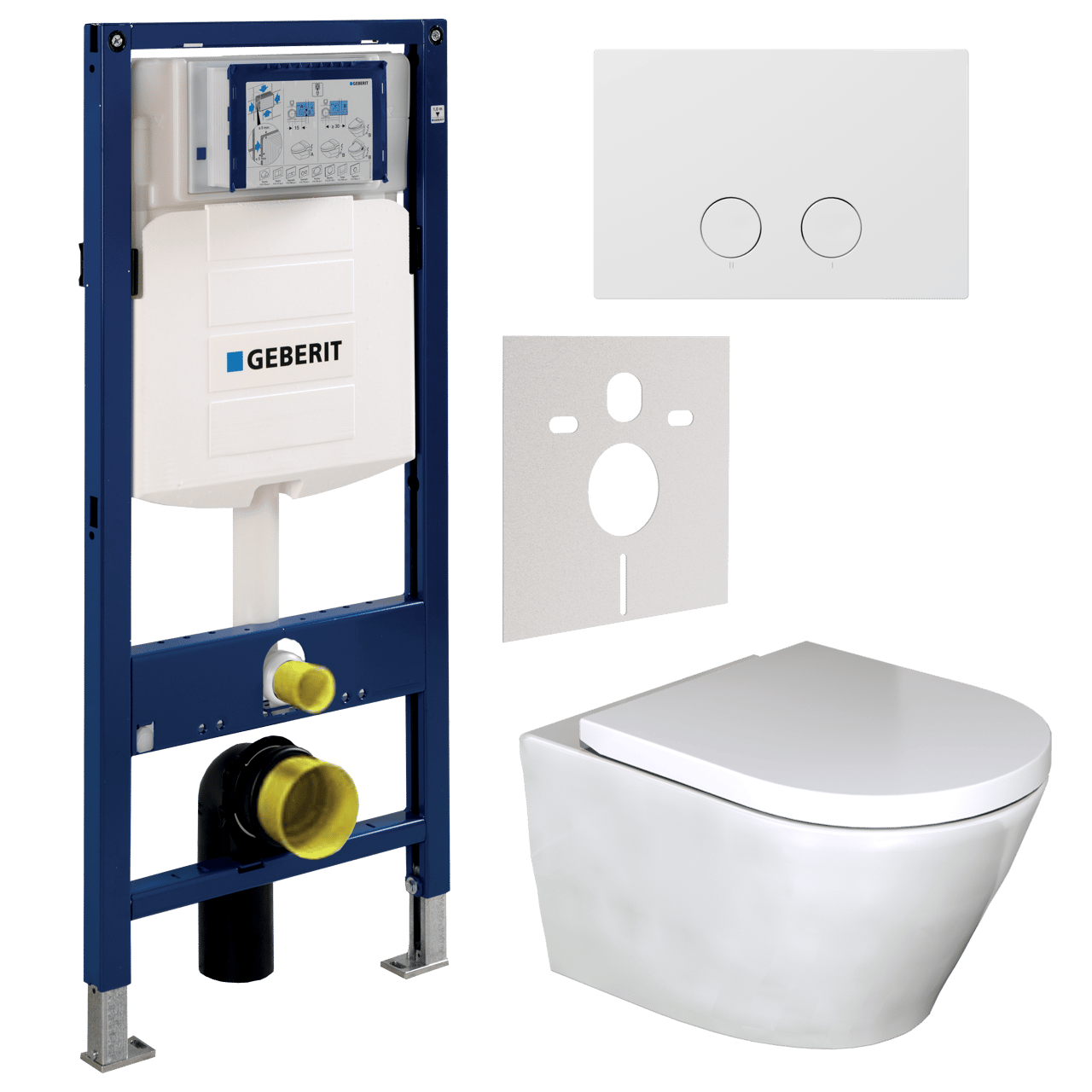 Luca Varess Calibro hangend toilet hoogglans wit randloos met Geberit UP320 Systemfix inbouwreservoir en bedieningspaneel