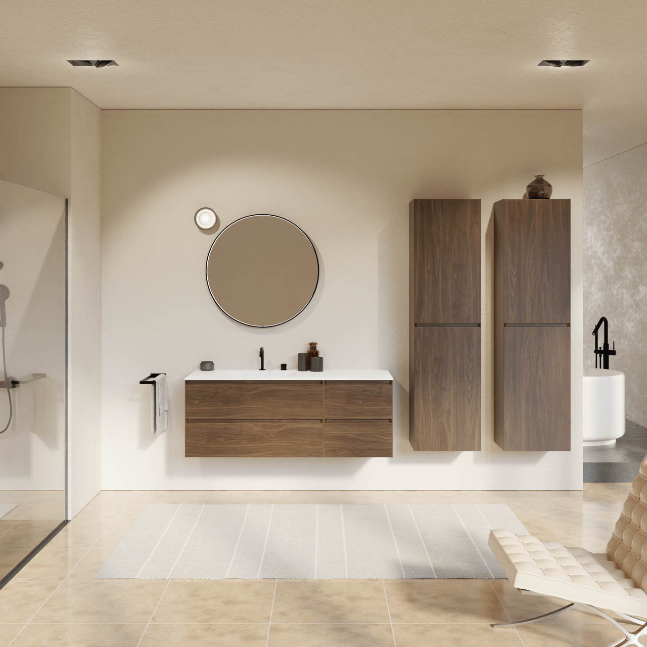 Balmani Mitra hängendes Möbelstück Set: 135 x 55 cm, Amerikanischer Nussbaum, mit Tablo Arcato Waschtisch links, Solid Surface Weiß matt