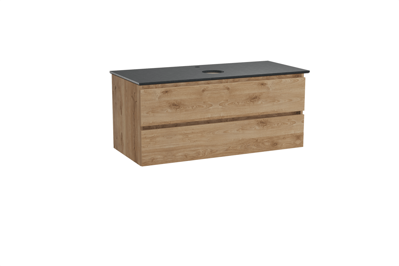 Balmani Lucida meuble salle de bains suspendu 120 x 55 cm chêne brut avec Facetta tablette simple en granit noir