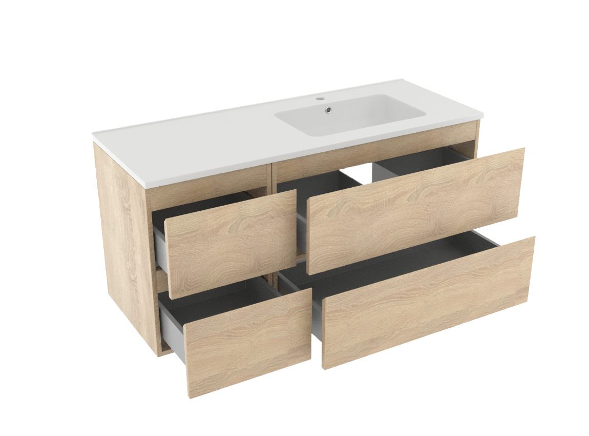 Linie Lado zwevend badmeubel 120 x 46 cm wit eiken met Vano asymmetrisch rechtse wastafel in composietmarmer mat wit