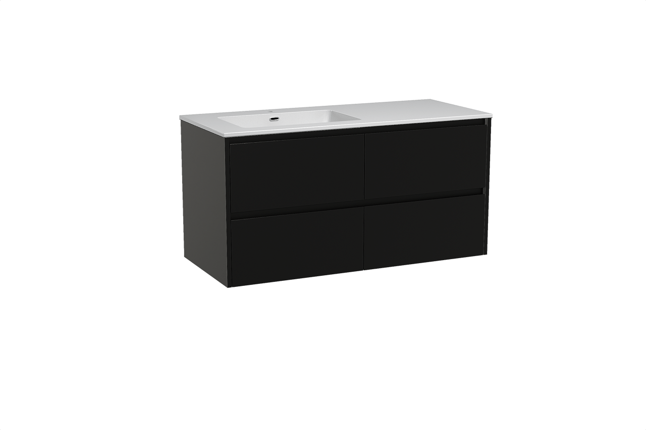 Storke Seda meuble salle de bains suspendu 120 x 52 cm noir mat avec Diva vasque asymétrique gauche en marbre composite blanc brillant