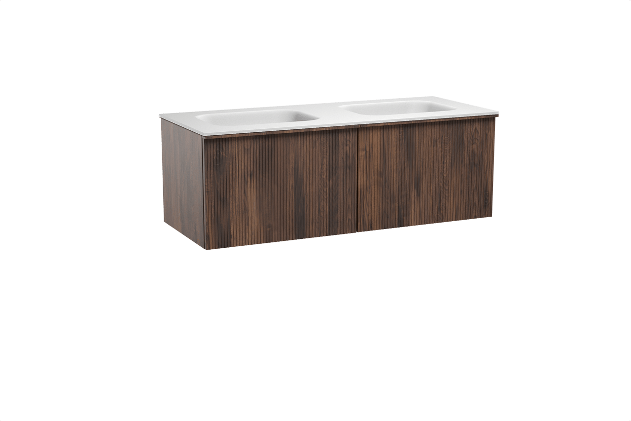 Balmani Forma zwevend badkamermeubel 135 x 55 cm amerikaanse notelaar met Tablo Arcato dubbele wastafel in solid surface mat wit, Verticale symmetrische rechte ribbel