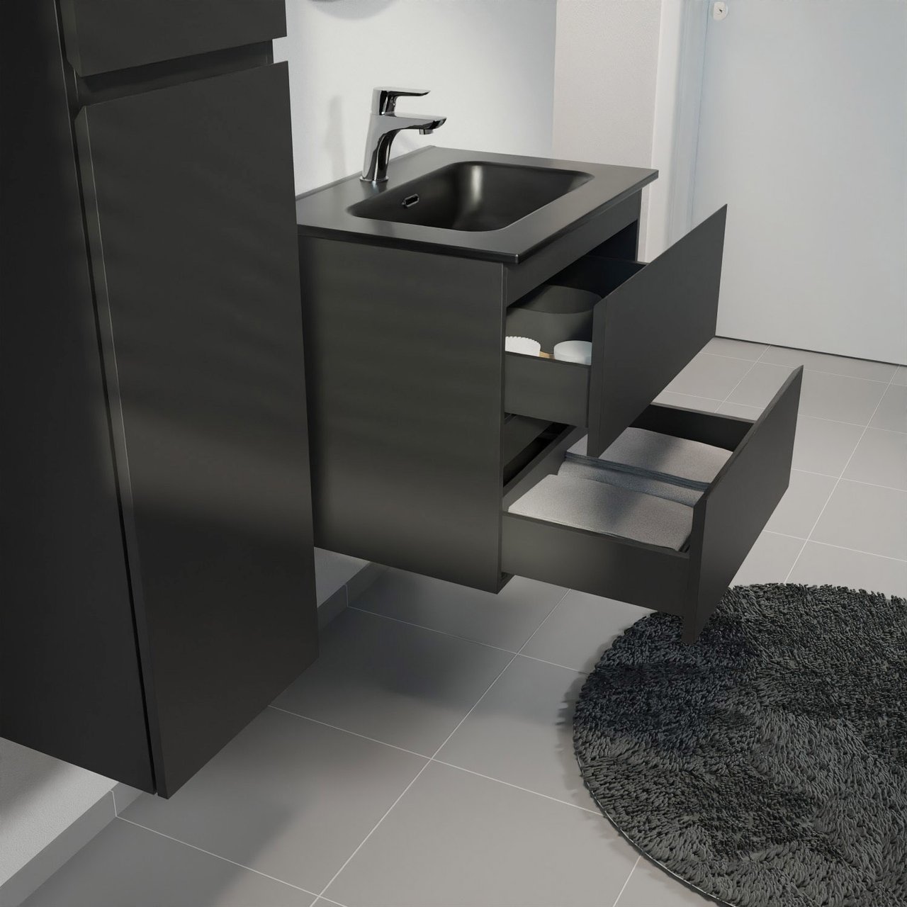 Linie Lado zwevend badmeubel 60 x 46 cm mat zwart met Baro enkele wastafel in porselein mat zwart