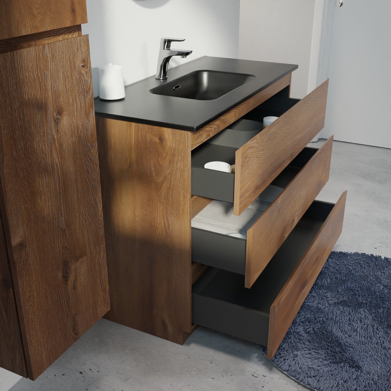 Linie Lado freistehendes Möbelstück Set: 100 x 46 cm, Braune Eiche, mit Baro Einzelwaschtisch, Porzellan Schwarz matt