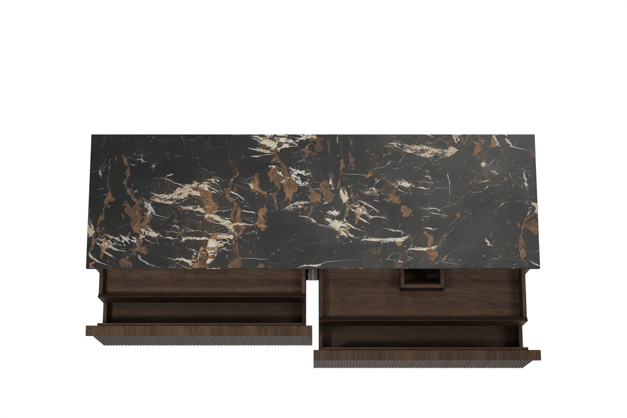 Balmani Forma zwevend badkamermeubel 180 x 55 cm gerookte eik met Stretto enkel of dubbel tablet in marmer portoro gold, Verticale symmetrische rechte ribbel