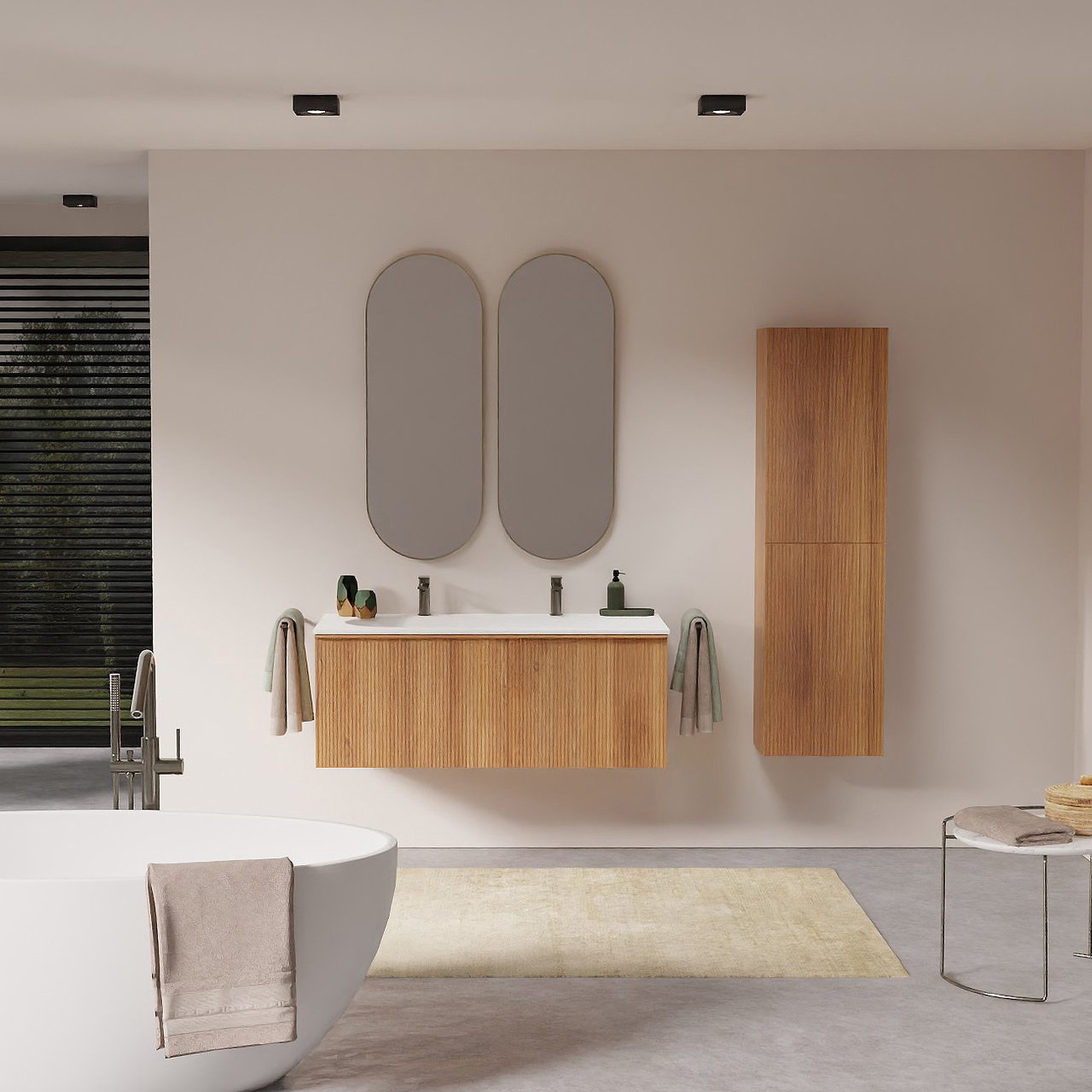 Balmani Forma hängendes Möbelstück Set: 120 x 55 cm, Teak, mit Tablo Oval Waschtisch links, Solid Surface, Weiß matt, Vertikale symmetrische gerade Rippe