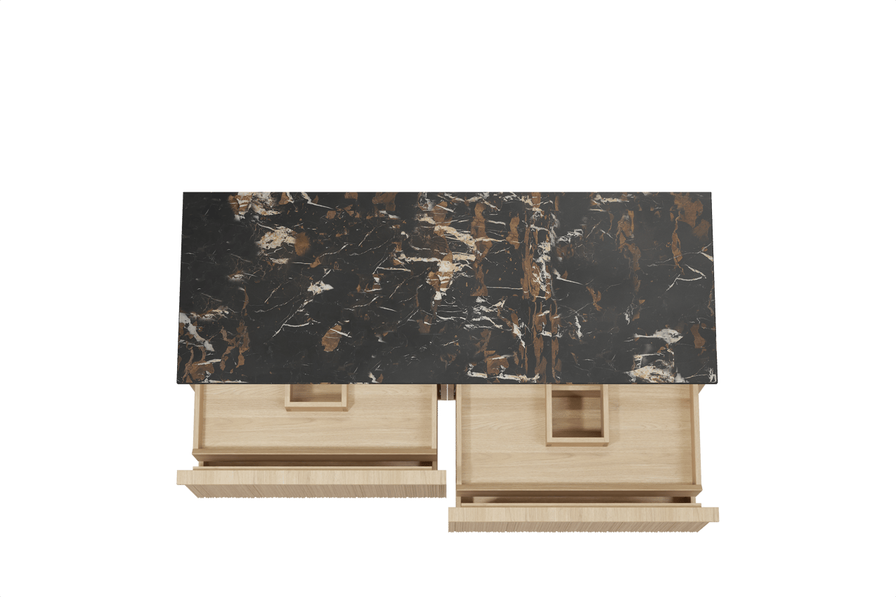 Balmani Forma meuble salle de bains suspendu 150 x 55 cm chêne naturel avec Stretto tablette simple ou double en marbre portoro gold, Nervure circulaire asymétrique verticale