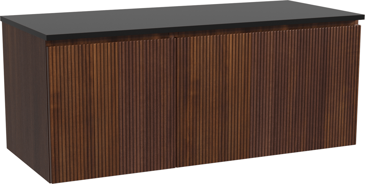 Storke Ribs zwevend badmeubel 120 x 52 cm notenhout met Panton enkel of dubbel wastafelblad in gepoedercoate mdf mat zwart, Verticale symmetrische rechte ribbel