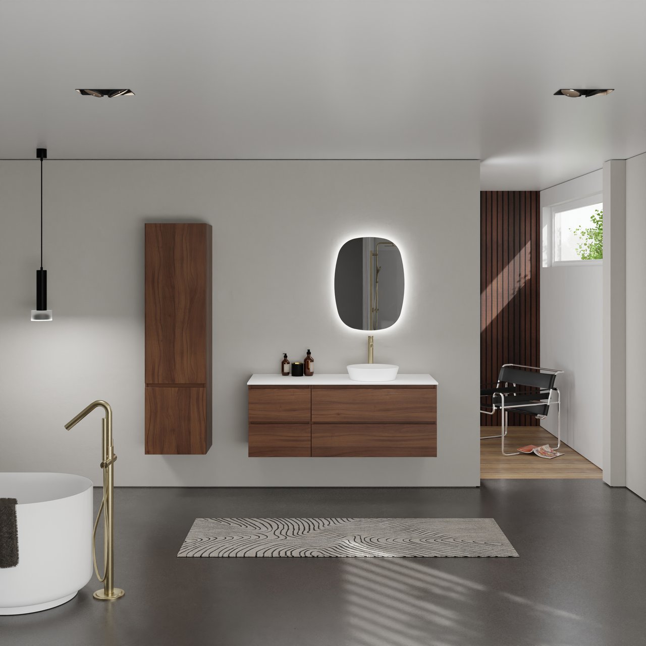 Balmani Lucida meuble salle de bains suspendu 135 x 55 cm noyer américain avec Stretto tablette simple ou double en solid surface blanc mat