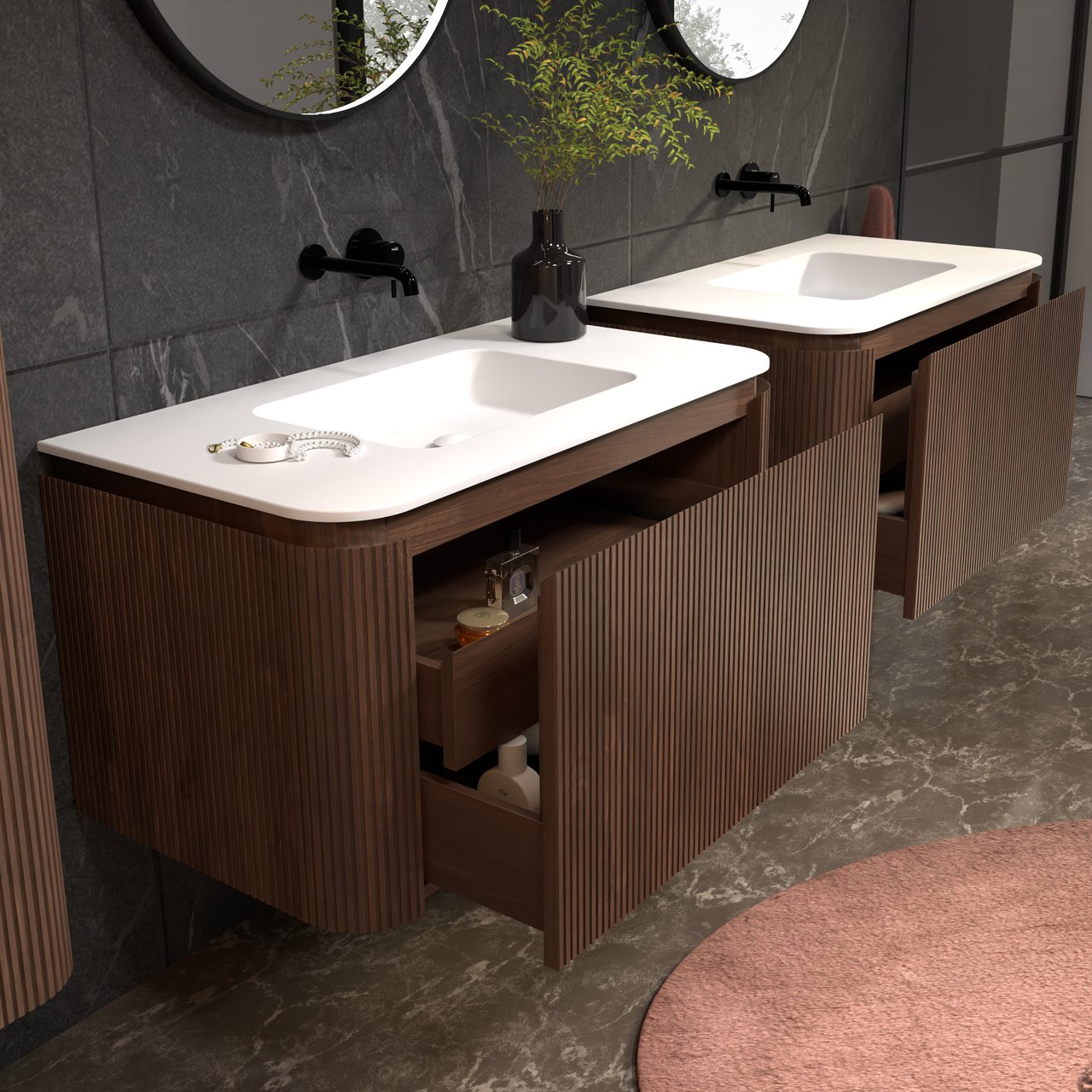 Balmani Moon hängendes Möbelstück Set: 100 x 55 cm, Amerikanischer Nussbaum, mit Moon Einzelwaschtisch, Solid Surface, Weiß matt, Vertikale symmetrische gerade Rippe