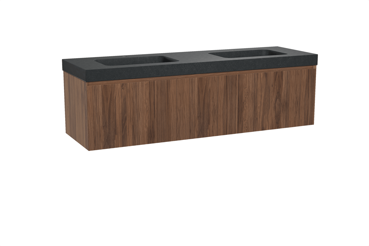 Balmani Fila meuble salle de bains suspendu 180 x 55 cm noyer avec Napoli double vasque en granit noir, Nervure droite symétrique verticale