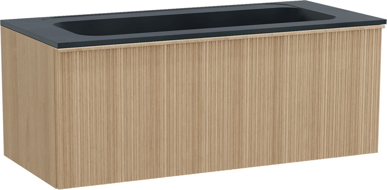 Balmani Forma zwevend badmeubel 120 x 55 cm naturel eiken met Tablo Strada enkele wastafel voor 2 kraangaten in composietmarmer mat zwart, Verticale asymmetrische ronde ribbel