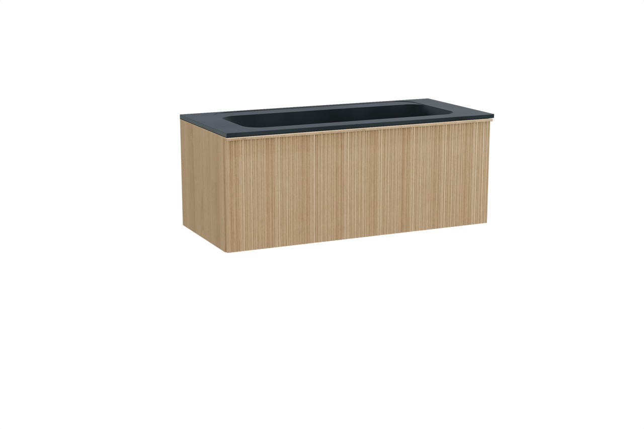 Balmani Forma hängendes Möbelstück Set: 120 x 55 cm, Naturbelassene Eiche, mit Tablo Strada Einzelwaschtisch für 2 Armaturenlöcher, Marmorkomposit, Schwarz matt, Vertikale asymmetrische Runde Rippe