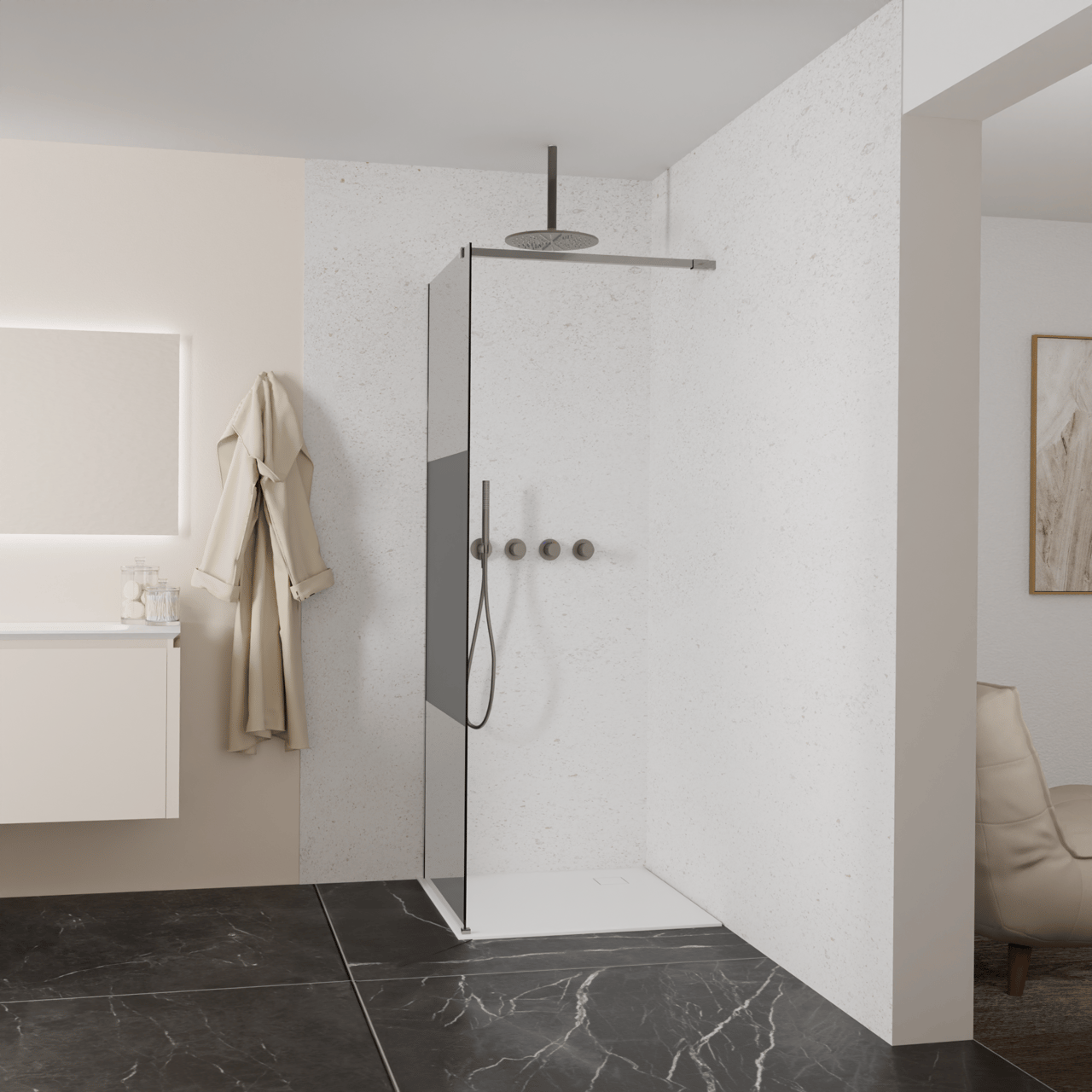 Balmani Modular douche à l'italienne: 80 x 200 cm, Verre fumé avec bande matte, avec coating, Profil Brushed GunMetal