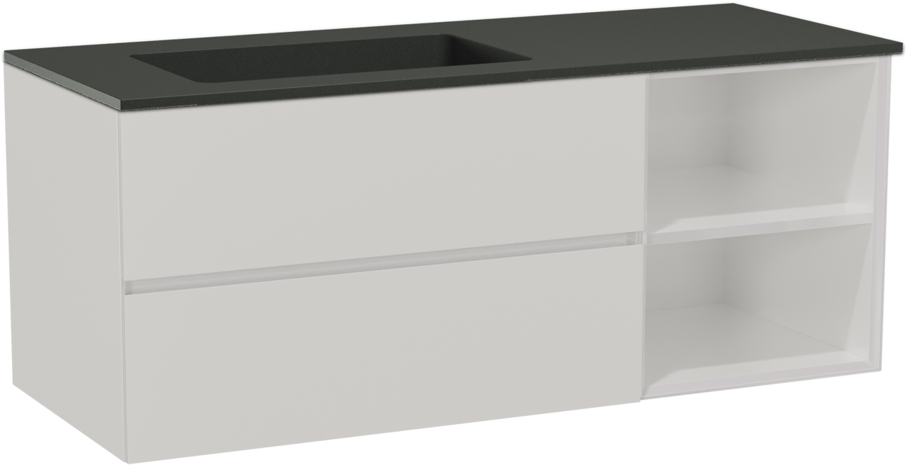 Storke Edge zwevend badmeubel 130 x 52 cm hoogglans wit met Scuro asymmetrisch linkse wastafel in kwarts mat zwart