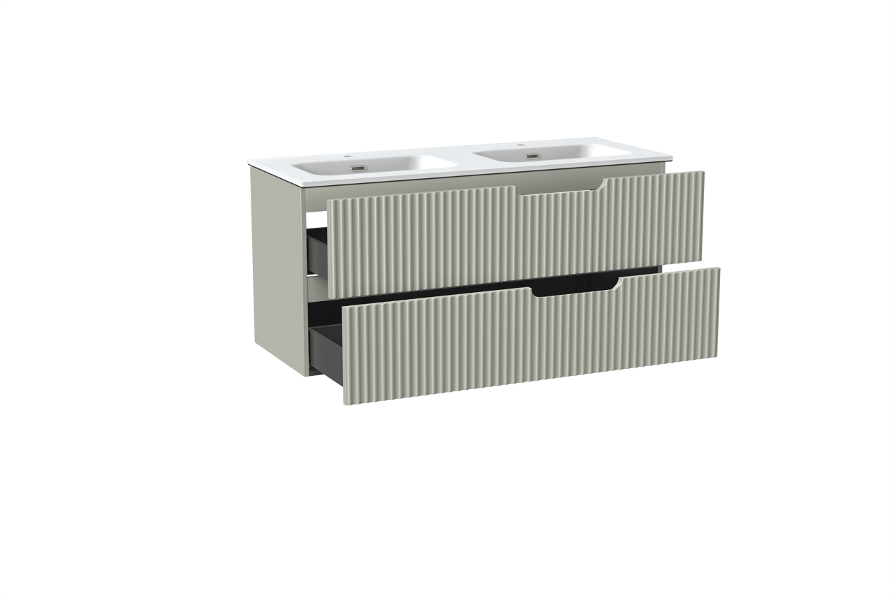 Linie Ribbo hängendes Möbelstück Set: 120 x 46 cm, Greige, mit Baro Doppelwaschtisch, Porzellan, Weiß matt, Vertikale symmetrische runde Rippe