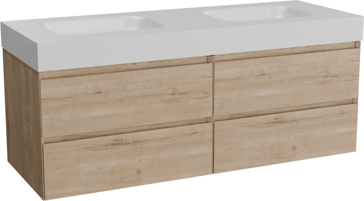 Balmani Mitra zwevend badkamermeubel 150 x 55 cm ruwe eik met Arcato dubbele wastafel in solid surface mat wit