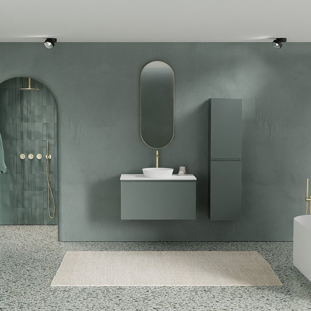 Balmani Sfera zwevend badkamermeubel 90 x 55 cm forest met Stretto enkel tablet in solid surface mat wit