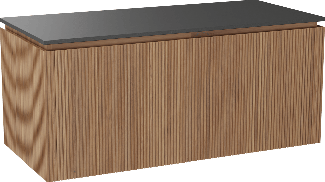 Balmani Eclips hängendes Möbelstück Set: 120 x 55 cm, Teak, mit Stretto Einzel Waschtischplatte Granit poliert, Vertikale symmetrische gerade Rippe