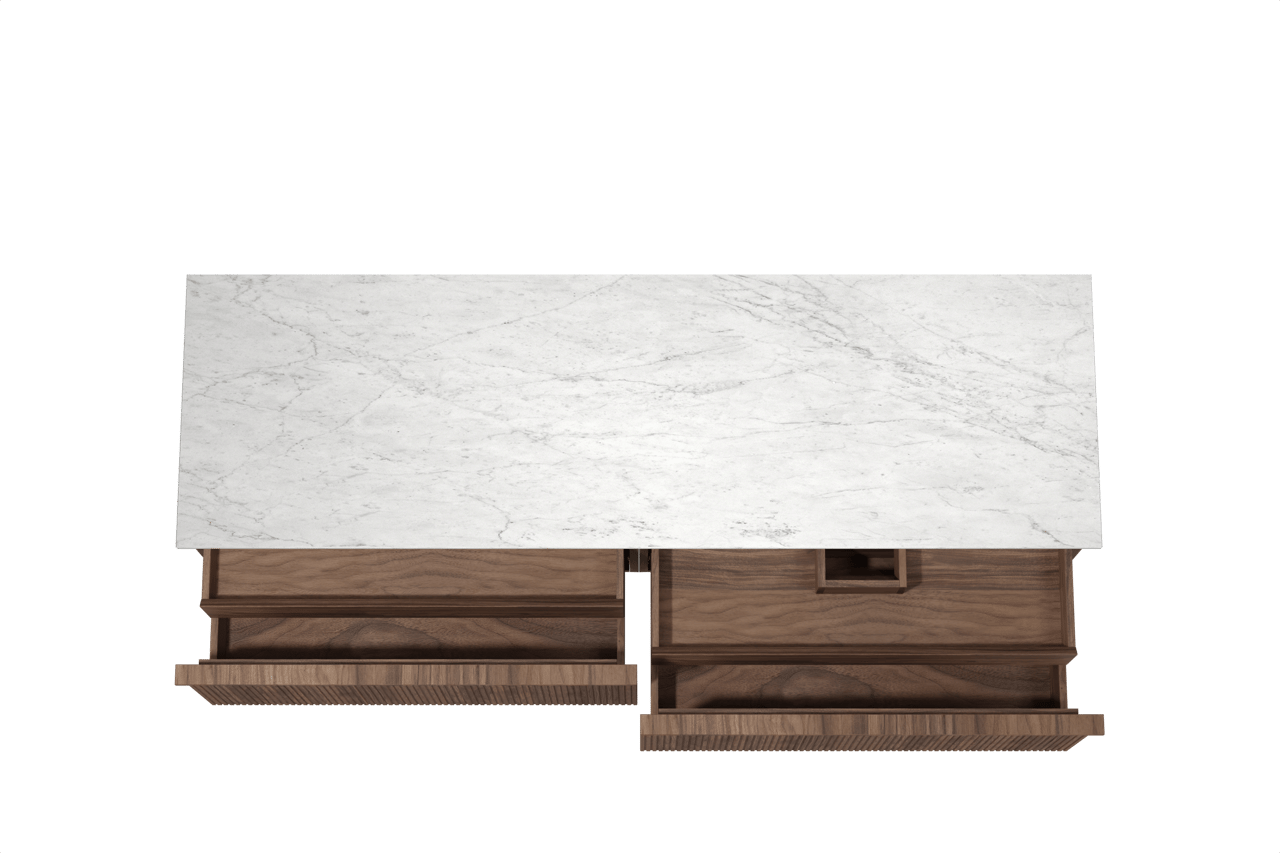 Balmani Forma meuble salle de bains suspendu 180 x 55 cm noyer américain avec Stretto tablette simple ou double en marbre carrare, Nervure droite symétrique verticale