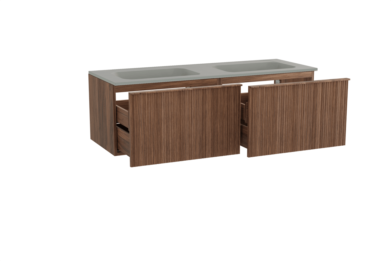 Balmani Forma zwevend badmeubel 150 x 55 cm amerikaans notenhout met Tablo Strada dubbele wastafel in composietmarmer zijdegrijs, Verticale asymmetrische ronde ribbel