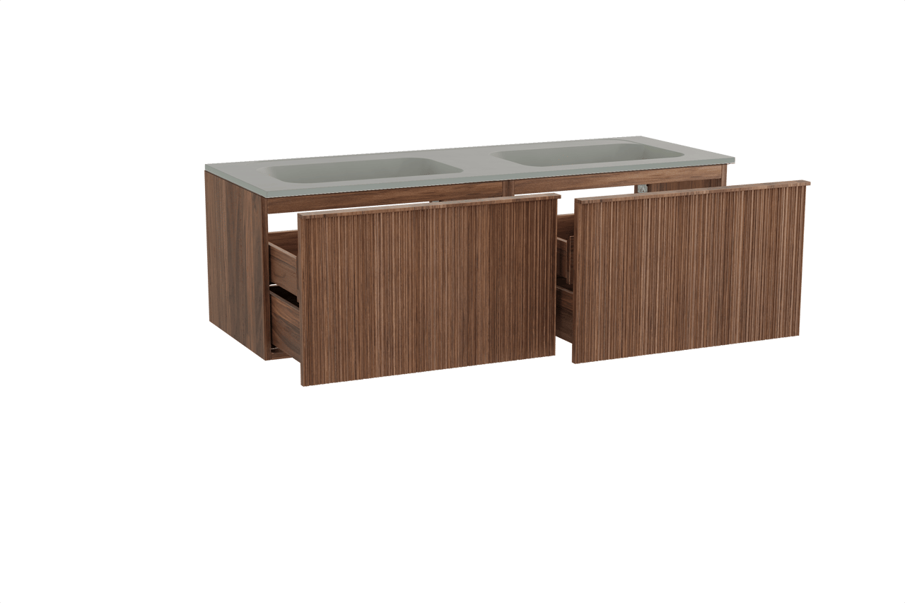 Balmani Forma zwevend badkamermeubel 150 x 55 cm amerikaanse notelaar met Tablo Strada dubbele wastafel in composietmarmer zijdegrijs, Verticale asymmetrische ronde ribbel