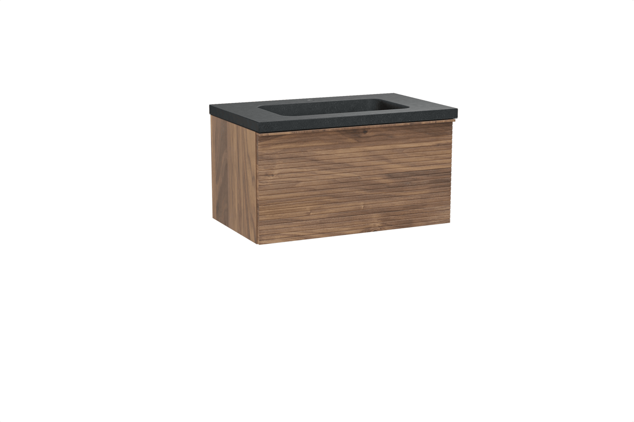 Balmani Forma zwevend badkamermeubel 90 x 55 cm amerikaanse notelaar met Napoli enkele wastafel in graniet zwart, Horizontale symmetrische rechte ribbel