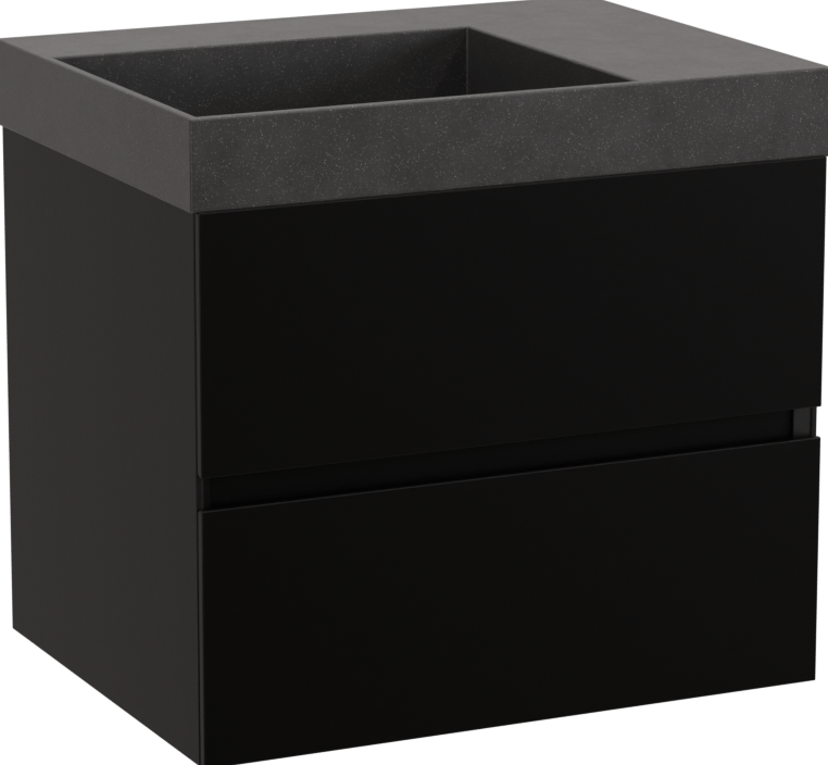 Storke Edge zwevend badmeubel 60 x 46 cm mat zwart met Jura asymmetrisch linkse wastafel in kwarts mat zwart
