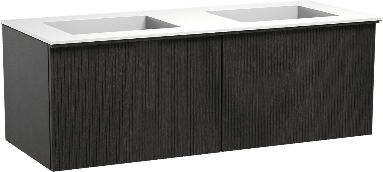 Balmani Forma zwevend badkamermeubel 135 x 55 cm zwarte eik met Tablo Stretto dubbele wastafel in solid surface mat wit, Verticale symmetrische rechte ribbel