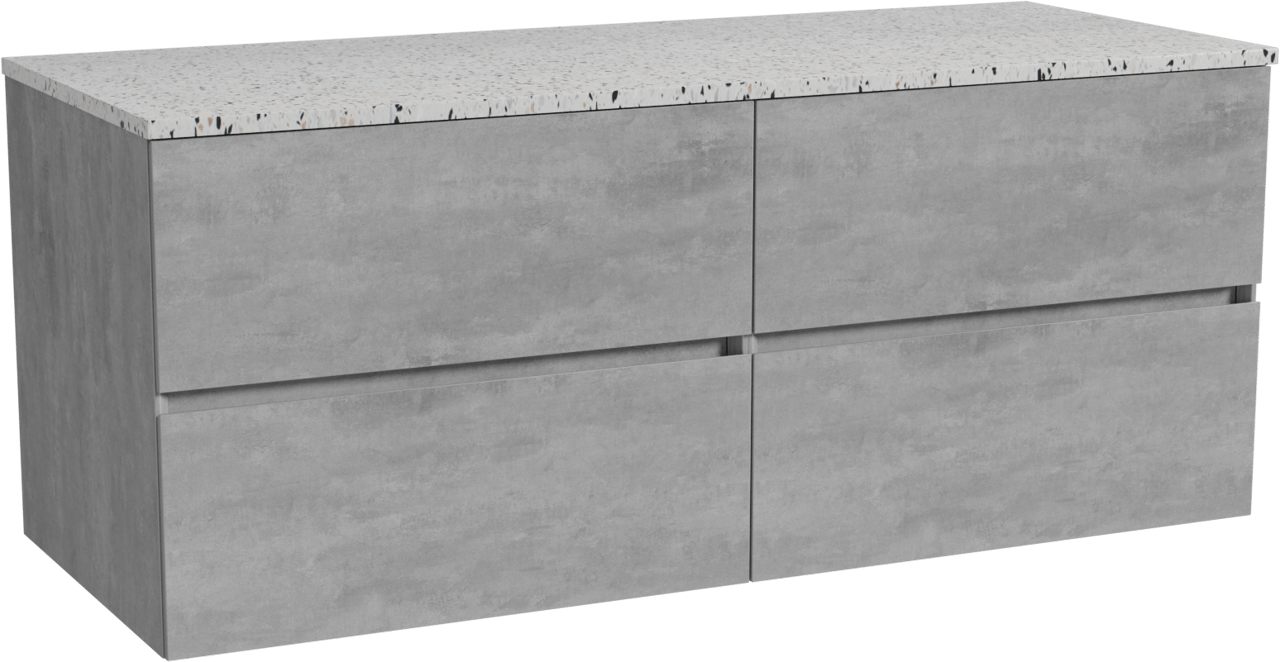 Storke Edge hängendes Möbelstück Set: 130 x 52 cm, Beton dunkelgrau, mit Tavola Einzel- oder Doppel Waschtischplatte, Terrazzo in Weiß/Schwarz matt