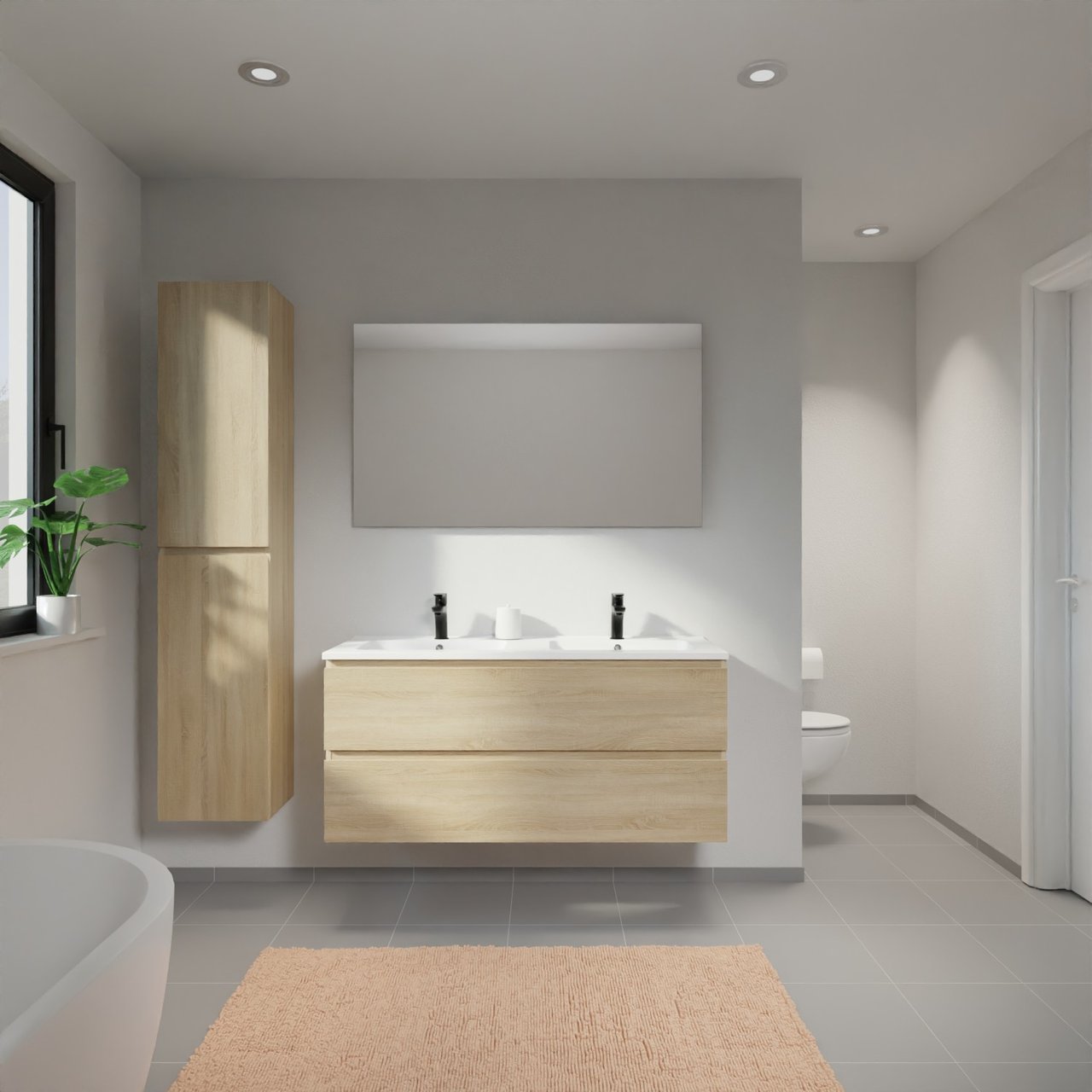 Linie Lado zwevend badmeubel 120 x 46 cm wit eiken met Vano dubbele wastafel in composietmarmer mat wit