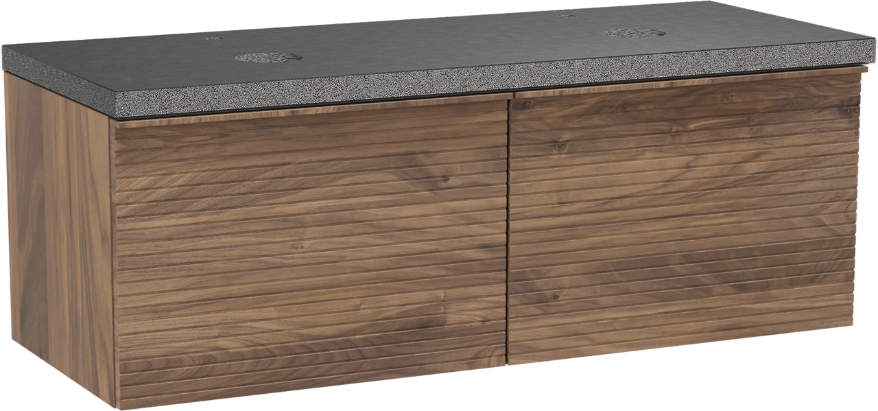 Balmani Forma zwevend badmeubel 135 x 55 cm amerikaans notenhout met Rock dubbel wastafelblad in zwart graniet, Horizontale symmetrische rechte ribbel