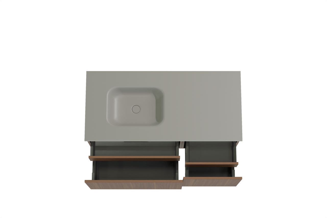 Balmani Sfera hängendes Möbelstück Set: 120 x 55 cm, Amerikanischer Nussbaum, mit Tablo Arcato Waschtisch links, Solid Surface Steingrau