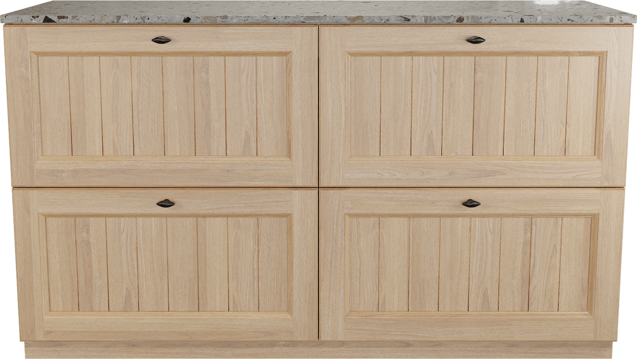 Balmani Lemon freistehendes Möbelstück Set: 150 x 55 cm, Naturbelassene Eiche Furnier, mit Stretto Einzel- oder Doppel Waschtischplatte, Terrazzo in Greige