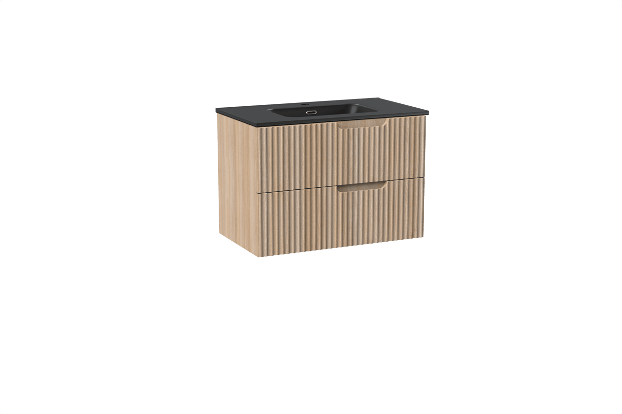 Linie Ribbo meuble salle de bains suspendu 80 x 46 cm chêne clair avec Baro plan simple en porcelaine noir mat, Nervure circulaire symétrique verticale