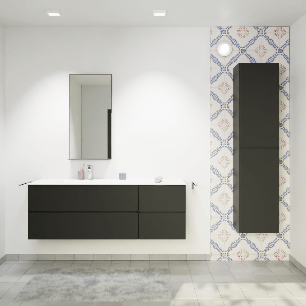 Storke Edge zwevend badmeubel 150 x 52 cm mat zwart met Mata asymmetrisch linkse wastafel in solid surface mat wit