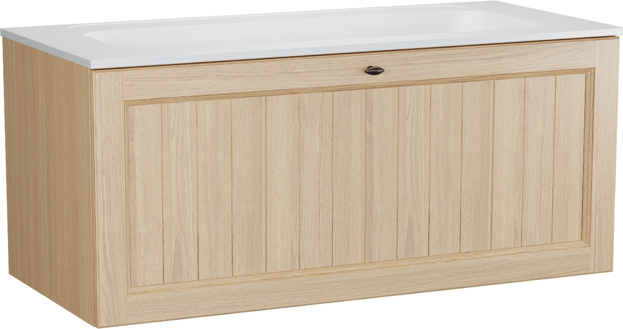 Balmani Lemon zwevend badkamermeubel 120 x 55 cm, fineer natuur eik met Tablo Strada enkele wastafel in mat wit