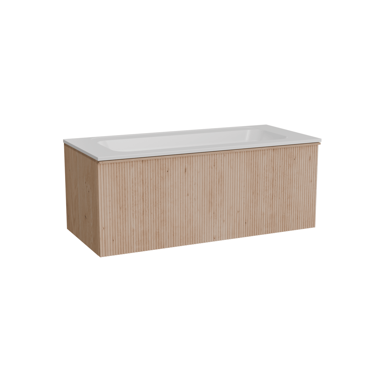 Balmani Forma zwevend badkamermeubel 120 x 55 cm natuur eik met Tablo Strada enkele wastafel in composietmarmer mat wit, Verticale symmetrische rechte ribbel