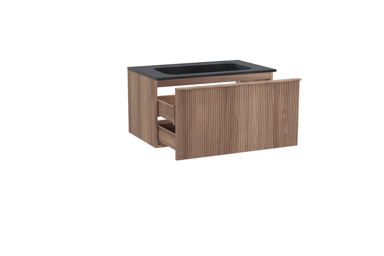 Balmani Forma zwevend badkamermeubel 90 x 55 cm teak met Tablo Strada enkele wastafel in composietmarmer mat zwart, Verticale symmetrische rechte ribbel