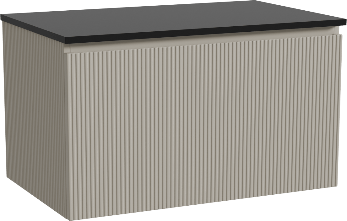 Storke Ribs zwevend badmeubel 85 x 52 cm zijdegrijs met Panton enkel wastafelblad in gepoedercoate mdf mat zwart, Verticale symmetrische rechte ribbel