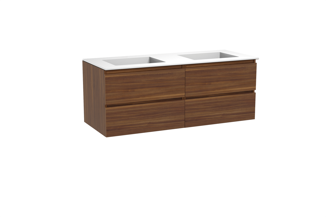 Balmani Lucida zwevend badmeubel 135 x 55 cm amerikaans notenhout met Tablo Stretto dubbele wastafel in solid surface mat wit