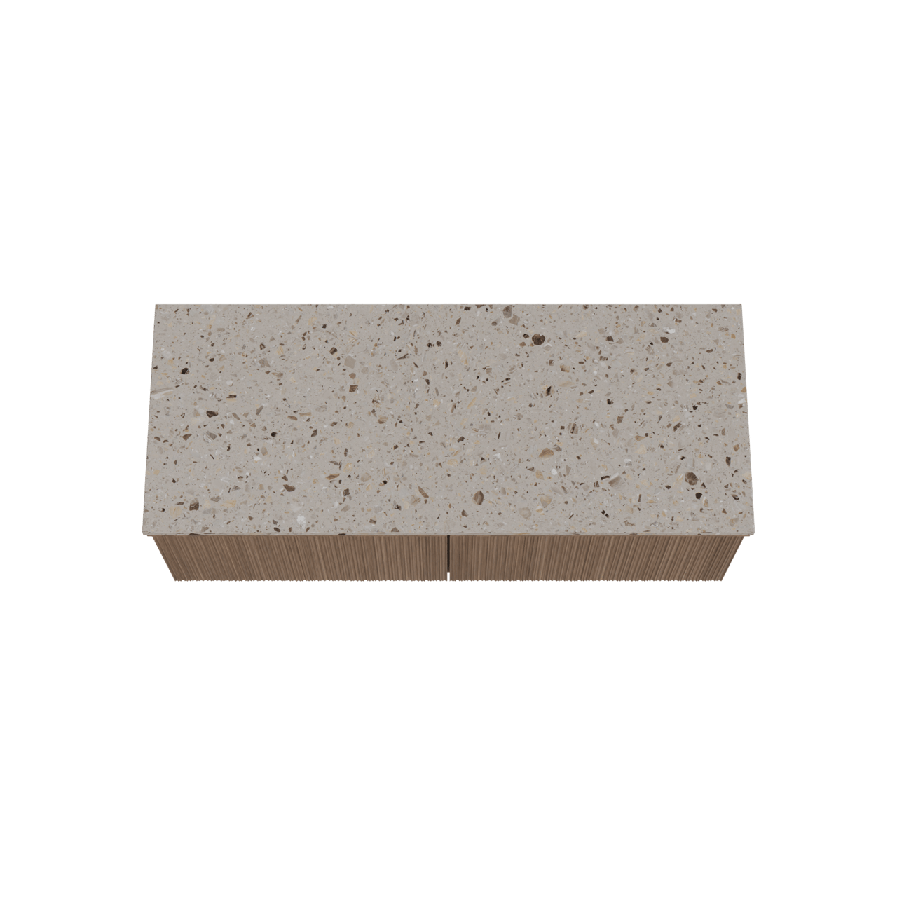 Balmani Forma zwevend badmeubel 135 x 55 cm amerikaans notenhout met Stretto enkel of dubbel wastafelblad in terrazzo greige terrazzo, Verticale asymmetrische ronde ribbel