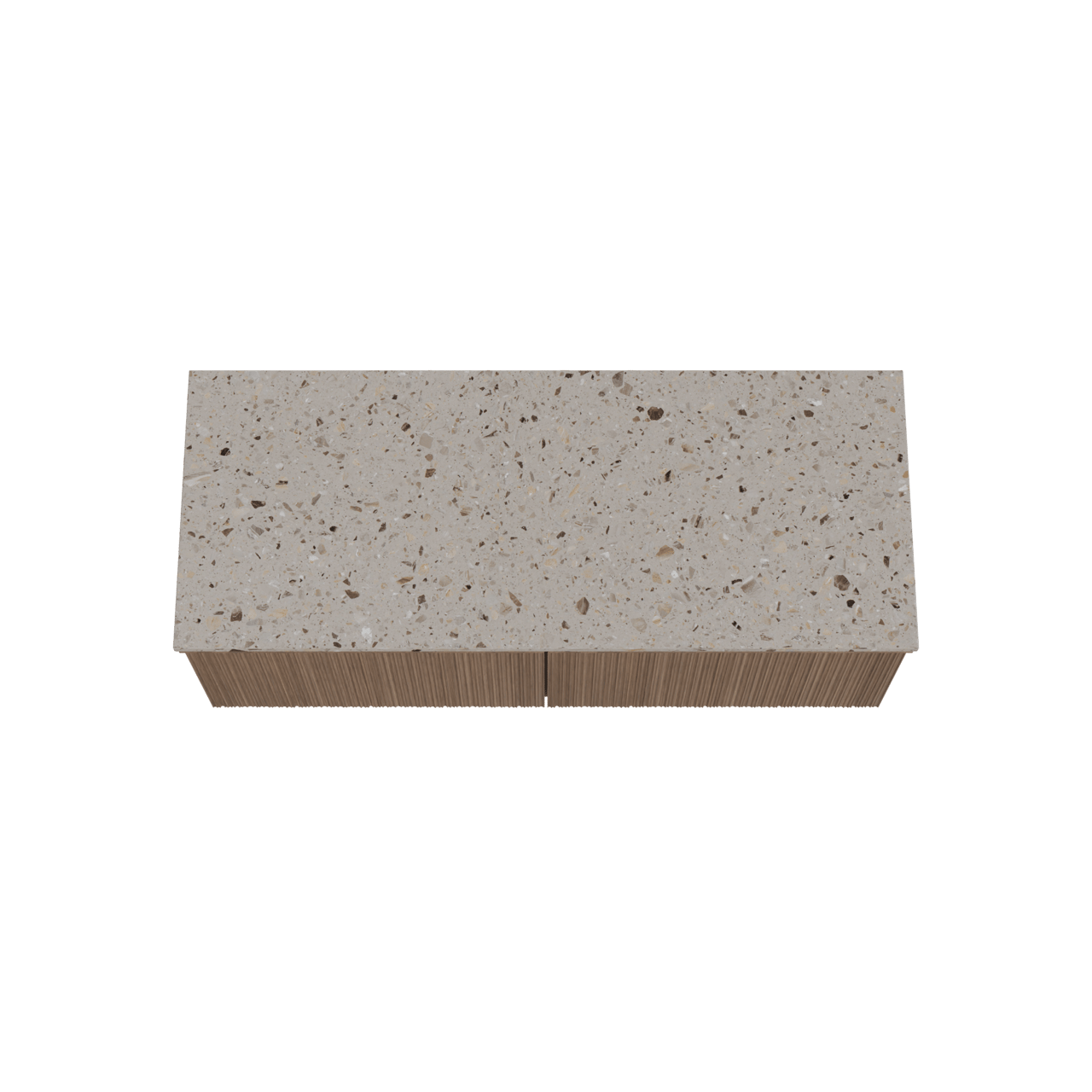 Balmani Forma hängendes Möbelstück Set: 135 x 55 cm, Amerikanischer Nussbaum, mit Stretto Einzel- oder Doppel Waschtischplatte, Terrazzo in Greige, Vertikale asymmetrische Runde Rippe