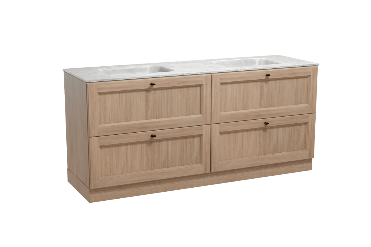 Balmani Lemon freistehendes Möbelstück Set: 180 x 55 cm, Verwitterte Eiche, mit Tablo Arcato Doppelwaschtisch, Marmor Carrara