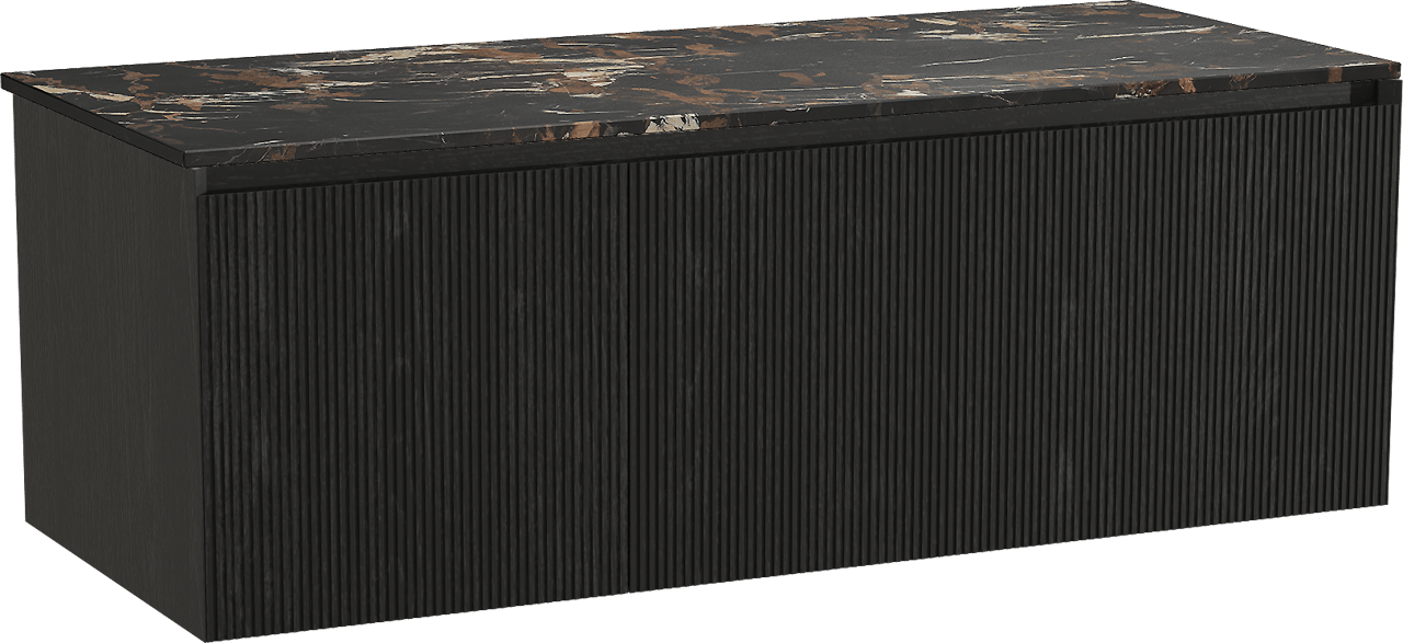 Balmani Fila zwevend badmeubel 135 x 55 cm zwart eiken met Stretto enkel of dubbel wastafelblad in marmer portoro gold, Verticale symmetrische rechte ribbel