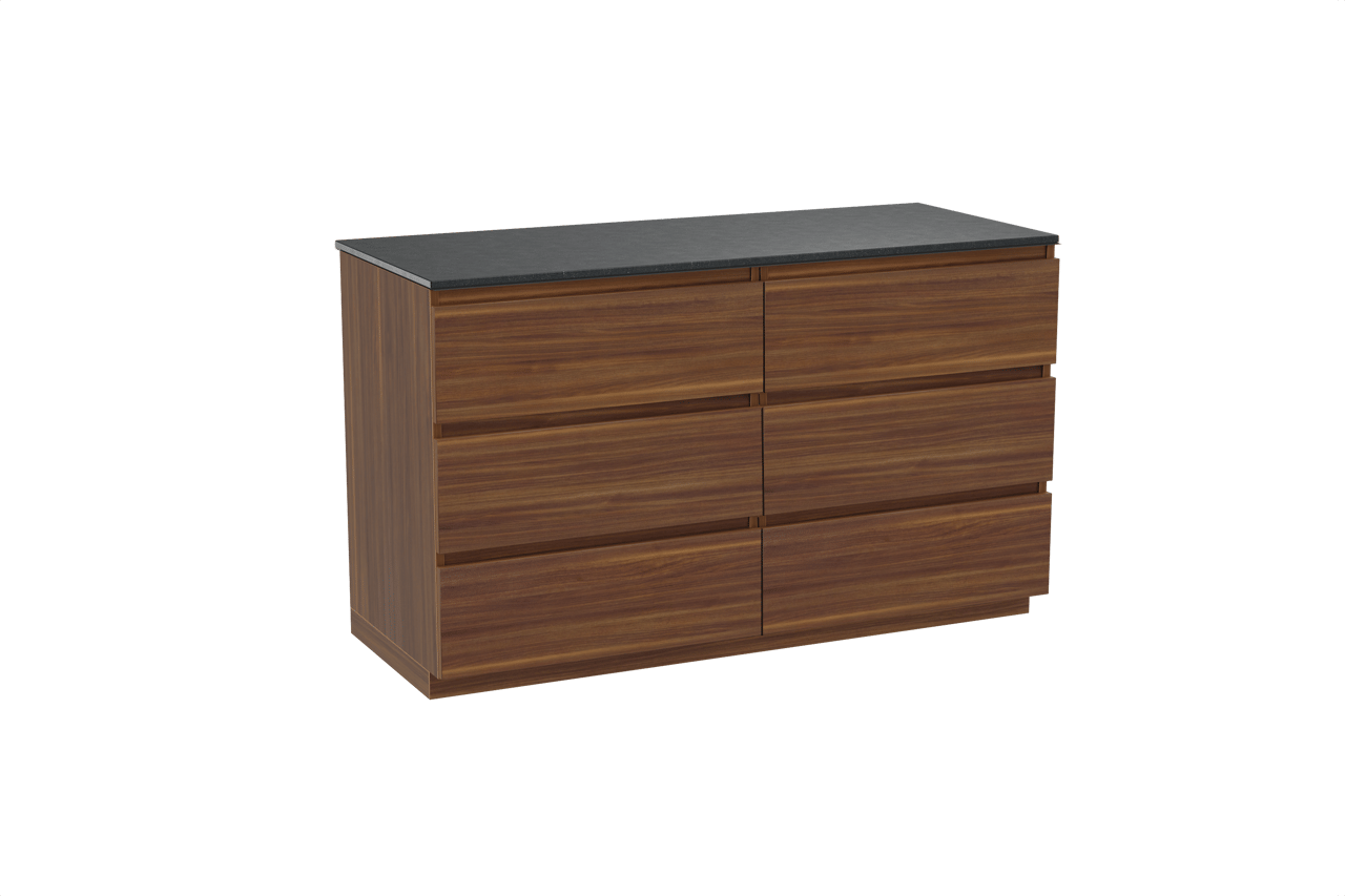 Balmani Lucida freistehendes Möbelstück Set: 135 x 55 cm, Amerikanischer Nussbaum, mit Stretto Einzel- oder Doppel Waschtischplatte, Schwarzes Granit