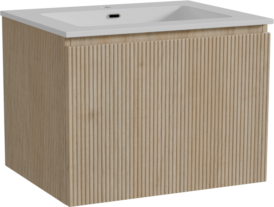 Storke Ribs meuble salle de bains suspendu 65 x 52 cm chêne brut avec Diva plan simple en marbre composite blanc brillant, Nervure droite symétrique verticale